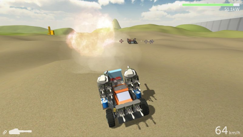 Two vehicles exchanging weapon fire in an open desert arena, with an explosion cloud between them