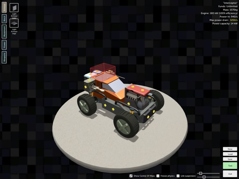 Scraps vehicle builder screen showing a four-wheeled chassis with weapon mounts attached, viewed from the build stage