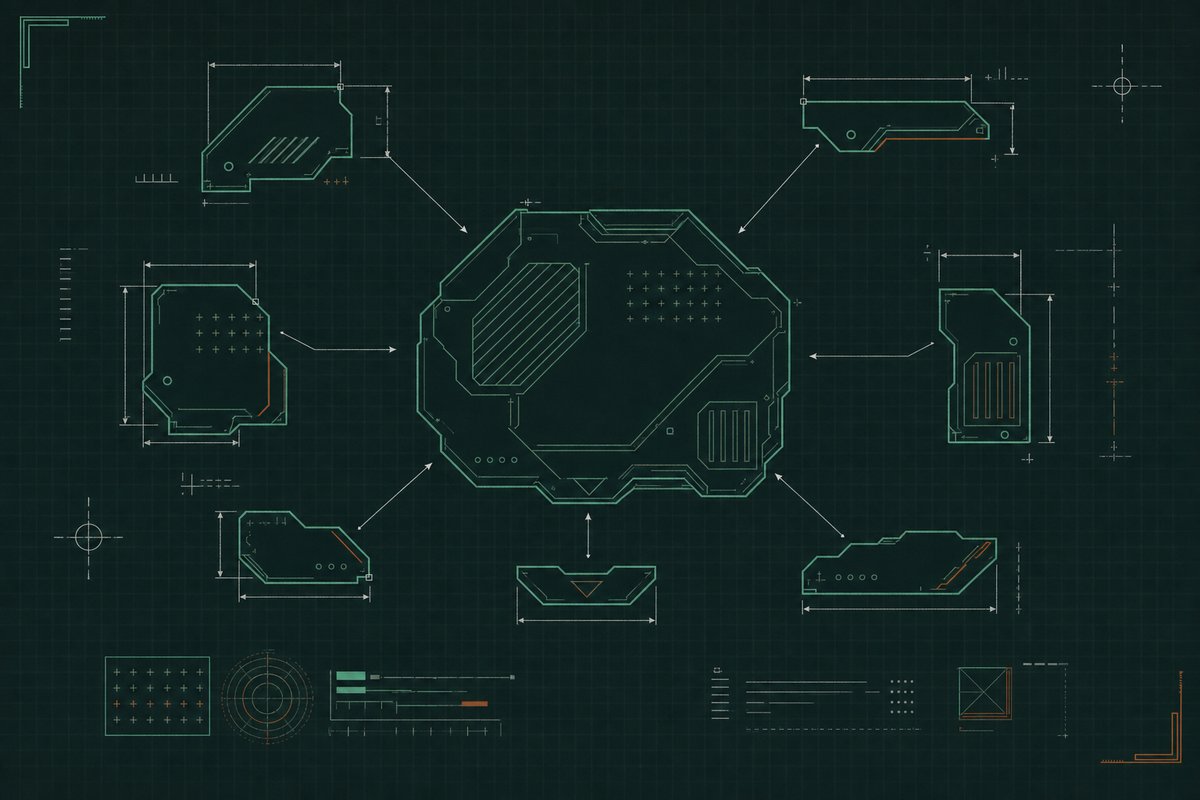 Schematic diagram of scattered angular polygon fragments converging via dimension lines toward one combined shape