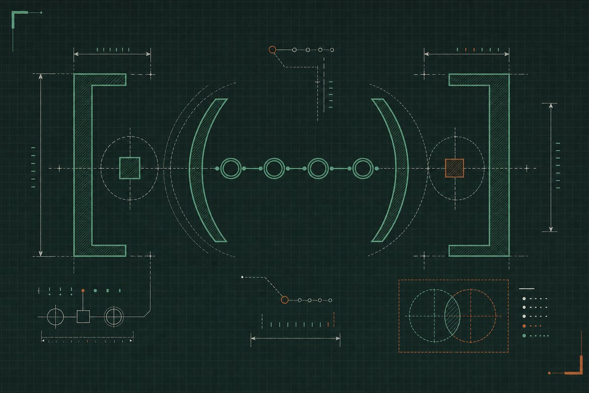 Schematic diagram of large abstract bracket and parenthesis shapes paired with a chain of connected dots