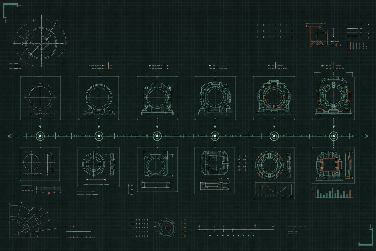 Schematic diagram of a horizontal timeline rail with evenly spaced tick marks and circular waypoint nodes