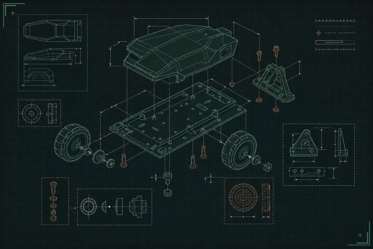 Exploded schematic diagram of a modular combat vehicle, chassis, wheels and accessory mount pulled apart along dimension lines