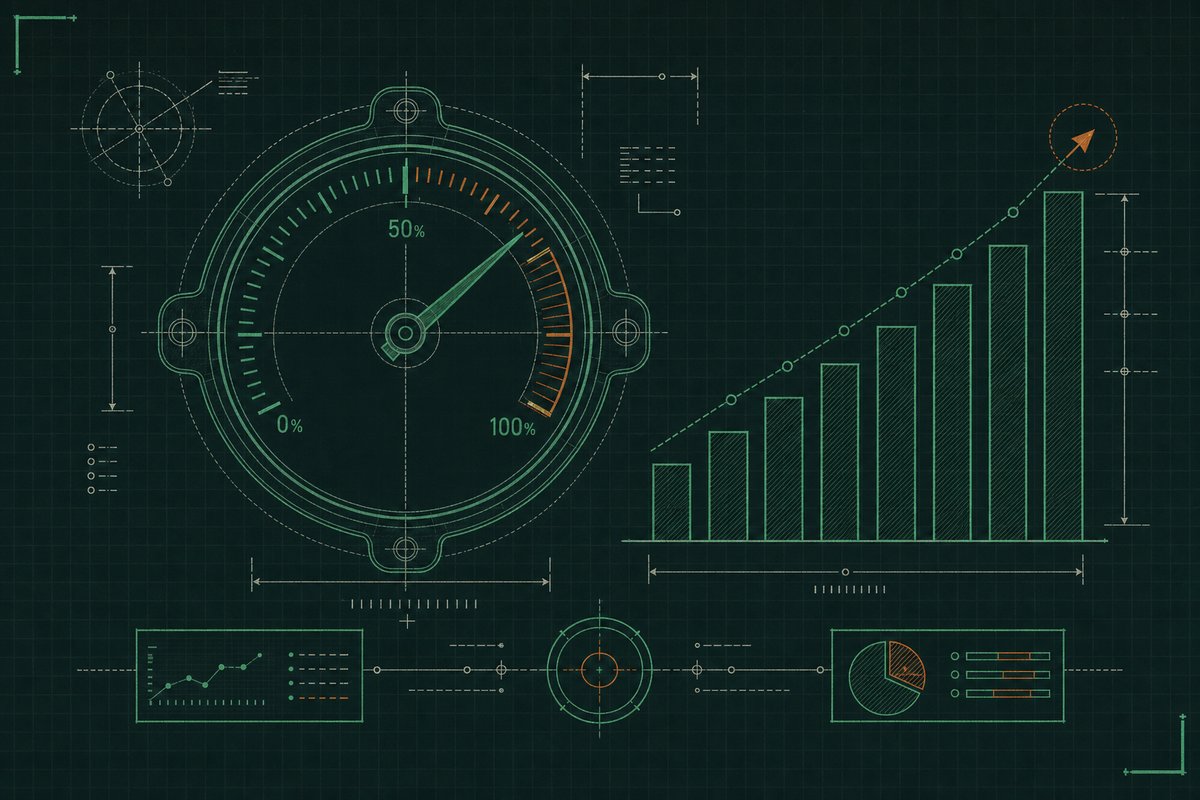 Schematic diagram of a technical gauge dial with a needle past its midpoint, beside an ascending bar chart