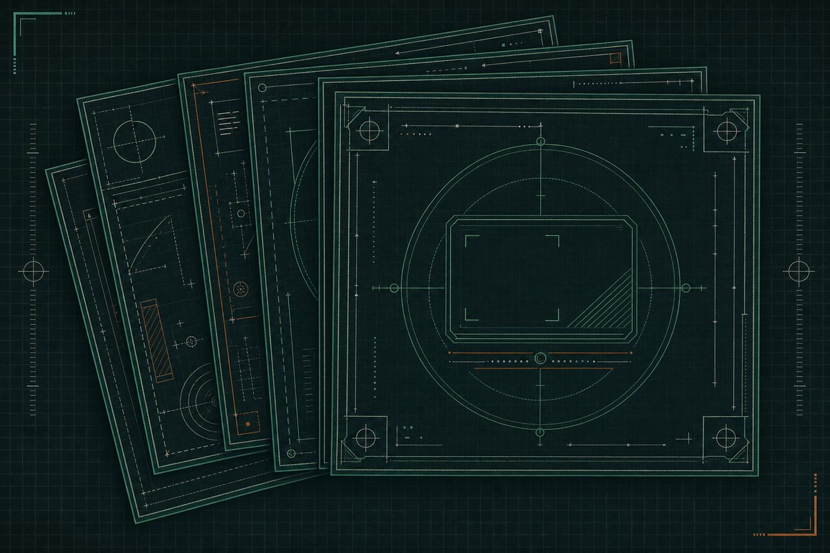 Schematic diagram of stacked bordered rectangular frames fanned at overlapping angles, like film negatives